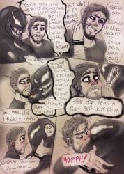2d 2d_(artwork) 2d_artwork 2male 2males 2man 2men arm_hair beard black_shirt black_text blush bracelet bracelets comic comic_page dark_hair eddie_brock english english_commentary english_dialogue english_language english_text facial_hair gay gay_male grabbing grabbing_another's_head homo homosexual homosexual_male kissing lips marvel mini_comic minimal_color minimalist_background motion_lines nervous nervous_expression nervous_face nervous_male nervous_smile nervous_sweat page_1 page_number pink_text sabbasarts shaking shaking_lines sharp_teeth short_hair smile smiling_at_another suprised suprised_expression suprised_eyes suprised_face suprised_look tagme venom_(marvel) yaoi