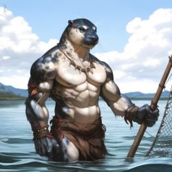 1boy 2024 abs ai_generated animal_humanoid anthro avaru black_nose fishing furry furry_only humanoid loincloth male male_only mammal mammal_humanoid multicolored_body muscular navel nipples primal_wilds seal solo tribal water wet