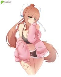 1girls bare_shoulders belly_button big_breasts black_pantyhose black_topwear blush breasts brown_hair cleavage doki_doki_literature_club female female_only flat_belly green_eyes hand_on_own_leg hips light-skinned_female long_hair looking_at_viewer monika_(doki_doki_literature_club) open_mouth pink_jacket raionart seductive thigh_gap thighs thighs_together tummy very_long_hair white_background white_ribbon wide_hips