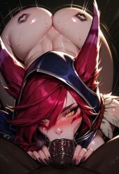 1boy1girl ai_generated blowjob dark-skinned_male deepthroat face_fucking fellatio huge_ass huge_cock kiss_mark league_of_legends tagme xayah