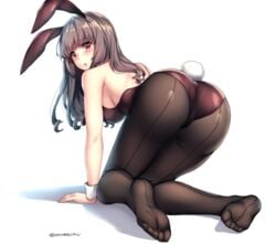 all_fours armband aruma_jiki big_ass big_breasts blush bunny_ear bunny_tail bunnysuit feet grey_hair human kneeling legwear long_hair looking_at_viewer open_mouth pantyhose red_eyes thighs toes vertical_stripes white_background