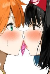 2girls ai_generated aseasemamire bangs black_hair blush breast-to-breast breasts brown_eyes clothing condom condom_in_mouth erika_(pokemon) eye_contact eyelashes female french_kiss green_eyes hairband headwear kasumi_(pokemon) kasumi_(pokemon) kissing looking_at_another looking_at_viewer medium_hair mouth_hold multiple_girls open_mouth orange_hair pokemon pokemon_(game) pokemon_character red_hairband saliva saliva_trail shirt short_hair sweat tongue tongue_out upper_body used_condom yuri