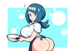 1girls ai_generated apron blue_eyes blue_hair dat_ass huge_ass lana's_mother_(pokemon) large_breasts mature_female milf mullon novelai pokemon pokemon_sm solo