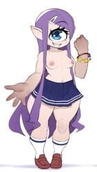 1_eye cyclops cyclops_girl juno_the_cyclops_(krokobyaka) krokobyaka nipples original original_character purple_hair school_uniform schoolgirl_uniform slippers tagme third-party_edit topless topless_female