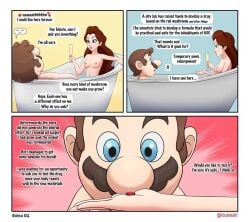 bathtub blue_eyes breasts brown_hair comic mario mario_(series) naked pauline speech_bubbles viagra yolkiin