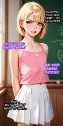 ai_generated blonde_hair femboy feminine_body feminine_faced_male feminine_male feminization forced_exposure forced_feminization forced_presentation humiliation male_bitch male_only otoko_no_ko otokonoko pink_panties sissification sissy sissyfication skirt text trap