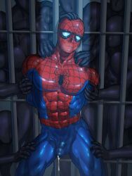 bodysuit bound cum_under_clothes latex masked multiple_males muscles peter_parker spider-man