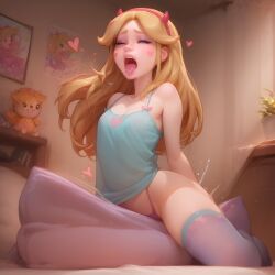 ahe_gao ai_generated ass blonde_hair bottomless closed_eyes crop_top cute_face facial_markings hairband horned_hairband horned_headwear lovegwendolyn masturbation on_bed panties pillow_humping sadtomato saliva solo spread_legs star_butterfly star_vs_the_forces_of_evil striped_legwear striped_thighhighs thighhighs thong tongue tongue_out