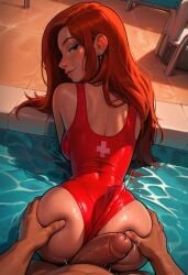 ai_generated ass ass_focus ass_grab back_view black_man dark-skinned_male freckles from_behind gravity_falls hand_on_ass imminent_sex in_pool large_breasts lifeguard looking_back lovegwendolyn one-piece_swimsuit partially_submerged pool poolside red_hair sadtomato water wendy_corduroy