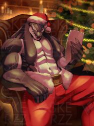 1boy abs anthro athletic_male christmas christmas_outfit erikaskerzz male_only muscular muscular_male orca santa_hat shirtless