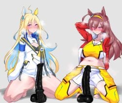 2girls absurdres ahoge animal_ears blonde_hair blue_eyes blue_hair breasts colored_inner_hair dildo hair_ornament highres horse_dildo horse_ears horse_girl long_hair looking_at_viewer mihono_bourbon_(umamusume) minew_(zpky5744) multicolored_hair multiple_girls neo_universe_(umamusume) sex_toy sleeves_past_wrists two-tone_hair umamusume