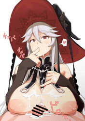 after_paizuri bar_censor bare_shoulders blush breast_suppress breasts brown_eyes censored commentary_request cum cum_bridge cum_on_body cum_on_breasts cum_on_upper_body cum_string detached_sleeves eyebrows_visible_through_hair facial female finger_in_mouth granblue_fantasy hair_between_eyes hat heart ishinoyari large_breasts long_hair looking_at_viewer magisa_(granblue_fantasy) nipples penis silver_hair sleeves_past_wrists spoken_heart very_long_hair witch witch_hat