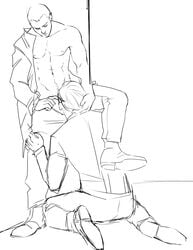 clothed_sex clothes detroit:_become_human fellatio gay implied_fellatio male male_focus markus_(detroit:_become_human) monochrome multiple_boys oral public yaoi