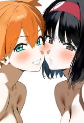 2girls ai_generated aseasemamire asymmetrical_docking asymmetrical_hair bangs bare_shoulders black_eyes black_hair blue_eyes blush breast-to-breast breast_press breasts brown_eyes cheek-to-cheek clavicle cleavage closed_mouth clothing completely_nude erika_(pokemon) eye_contact eyelashes female female_only green_eyes gym_leader hair_between_eyes hairband heads_together headwear kasumi_(pokemon) large_breasts long_hair looking_at_viewer medium_breasts multiple_girls nipples nude open_mouth orange_hair parted_lips pokemon pokemon_(anime) pokemon_(classic_anime) pokemon_(game) pokemon_character ponytail red_hairband short_hair shoulders_forward side_ponytail smile symmetrical_docking tied_hair upper_body yuri