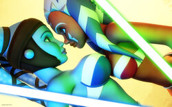 2015 2girls 3d aayla_secura ahsoka_tano alien alien_girl alternate_version_available artist_name bald bare_shoulders belt big_breasts bikini bikini_top blue_eyes blue_lightsaber blue_skin busty cleavage clone_wars curvy detailed_background duo eyelashes female female_only freckles front_view green_eyes green_lightsaber headgear holding_object hourglass_figure humanoid indoors inside jedi jedi_master jedi_padawan kondaspeter lightsaber mammal multiple_females multiple_girls orange_skin pose posing purple_lips room shadow shiny shiny_skin standing star_wars swimsuit togruta twi'lek voluptuous weapon wide_hips yellow_eyes