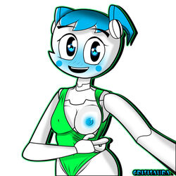 1girls 2d 4th_wall blush collarbone crisisaura female female_only green_swimsuit humanoid jenny_wakeman looking_at_viewer my_life_as_a_teenage_robot nickelodeon robot robot_girl robot_humanoid small_breasts smiling smooth_skin solo