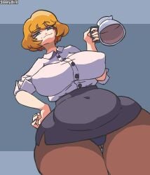 1female 1girls 2022 belly_pudge big_breasts blonde_female blonde_hair blonde_hair_female blue_eyes breasts clothed clothed_female coffee drink female female_focus female_only light-skinned_female light_skin looking_at_viewer looking_down looking_down_at_viewer mature mature_female mature_woman mole mole_over_mouth mole_under_eye office_lady pudgy_belly smug smug_face smug_grin solo solo_female solo_focus steely_bird thick_thighs thighs