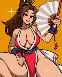 1girls akairiot big_breasts brown_hair cleavage light-skinned_female mai_shiranui thick_thighs