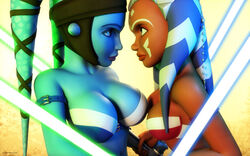 2015 2girls 3d aayla_secura ahsoka_tano alien alien_girl artist_name bald bare_shoulders big_breasts bikini bikini_top blue_eyes blue_lightsaber blue_skin busty cleavage clone_wars curvy detailed_background duo eyelashes female female_only freckles front_view green_eyes green_lightsaber headgear holding_object hourglass_figure humanoid indoors inside jedi jedi_master jedi_padawan kondaspeter lightsaber mammal multiple_females multiple_girls orange_skin pillow pose posing purple_lips room shadow shiny shiny_skin standing star_wars swimsuit togruta twi'lek voluptuous weapon wide_hips yellow_eyes