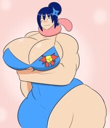 blue_dress blue_hair blush breasts breasts_bigger_than_head buff_female dress igphhangout looking_away massive_breasts mizu_(igphhangout) muscular muscular_female small_waist thick_thighs thighs_bigger_than_head thighs_bigger_than_torso thunder_thighs