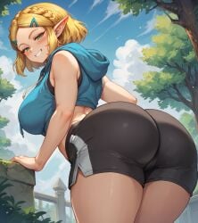 1girls ai_generated ass big_breasts bike_shorts blonde_hair blush cropped_hoodie dumptruck_ass elf_ears elf_female female_only hoodie huge_ass nintendo princess_zelda sakaro999 the_legend_of_zelda the_legend_of_zelda:_tears_of_the_kingdom tight_clothing zelda_(breath_of_the_wild)