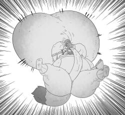 2026 anthro ball_grab balls belly big_balls big_belly build_tiger canid canine clenched_teeth fur genitals hi_res huge_balls hyper hyper_balls hyper_genitalia inari looking_at_viewer low-angle_view male mammal midair monochrome moobs nipples raccoon_dog reagan700 solo spread_legs spreading tail tanuki teeth thick_thighs wide_hips