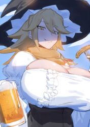 1girls beer big_breasts braid breasts cookie_(touhou) dress eating female_only huge_breasts kbb kohaku_(cookie) looking_at_viewer marisa_kirisame orange_scarf ribbon sausage scarf touhou witch witch_hat yellow_eyes