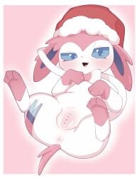 2024 3_toes anus blue_eyes blue_inner_ear blue_sclera blush blush_lines border bow_(anatomy) censor_bar censored censored_genitalia censored_pussy christmas christmas_clothing christmas_headwear clitoris clothing cute_fangs digitigrade ears_down eeveelution eyelashes fangs feet female female_feral feral fur generation_6_pokemon genitals hat headgear headwear hi_res high-angle_view himimi holidays humanoid_genitalia humanoid_genitalia_on_feral humanoid_pussy humanoid_pussy_on_feral lying mammal multicolored_body multicolored_fur nintendo on_back one_eye_half-closed open_mouth pink_background pink_body pink_ears pink_fur pink_nose pink_tail pink_tongue pivoted_ears pokemon pokemon_(species) pokemon_only pussy quadruped red_clothing red_hat red_headwear ribbons_(anatomy) santa_hat short_tail simple_background solo sylveon tail teeth toes tongue two_tone_body two_tone_fur two_tone_hat white_body white_border white_clothing white_fur white_hat white_headwear