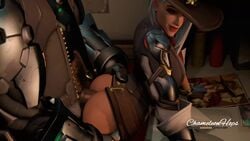 3d anal anal_sex animated ashe_(overwatch) ass audiodude bob_(overwatch) bottomless chameleonhops cole_cassidy cowboy_hat duo edit erection female from_behind large_penis living_machine loop male omnic overwatch penis red_eyes robot route_66_(map) sex sound source_filmmaker straight video white_hair