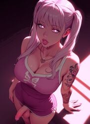 ai_generated balls drooling empty_eyes futanari high-angle_view pink_eyes pink_hair small_penis tattoos twintails