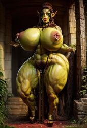 1girls ai_generated baldur's_gate_3 bimbo breasts_bigger_than_head bushy_pubes green_skin huge_breasts huge_thighs lae'zel muscular muscular_female muscular_thighs nipple_piercing platform_heels pubic_hair