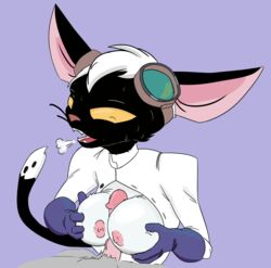 2018 4_fingers anthro black_fur blue_background breasts clothed clothed_sex clothing duo erection eyewear feline female female_focus fur gloves goggles hair hi_res humanoid_penis lab_coat magnificatz male mammal multicolored_fur nina_(magnificatz) nipples open_mouth open_shirt outercourse paizuri penis pink_nipples pink_nose pink_penis sex simple_background solo_focus straight stupidgnoll sweat teeth two_tone_fur white_clothing white_fur white_hair white_topwear yellow_eyes