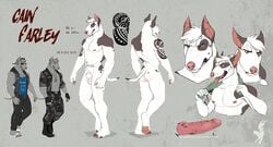 animal_genitalia balls bull_terrier cain_farley_(character) canine canine clothing knot mammal markings military model_sheet muscular penis piercing roman_numerals sheath shirt sweatpants t-shirt tattoo terrier twistedhound uniform