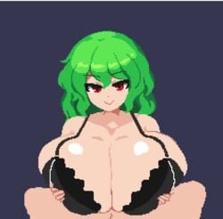 1boy 1girls 2d 2d_animation alternate_breast_size animated animated_gif big_breasts black_bra bouncing_breasts bra breast_hold breasts breasts_bigger_than_head cleavage engulfing_paizuri gigantic_breasts green_hair huge_breasts large_breasts paizuri partial_male pixel_animation pixel_art pov red_eyes smile straight takorin touhou trembling yuka_kazami