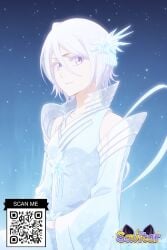 ai_generated bleach clothing detached_sleeves dress female female hair_between_eyes hair_ornament kuchiki_rukia kuchiki_rukia littlehentai looking_at_viewer purple_eyes savitar savitar_(artist) short_hair sky smile snowflake_hair_ornament snowflakes solo star_(sky) starry_sky white_hair