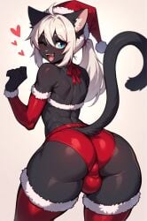 1boy 1femboy ai_generated anthro ass back_view backsack bulge christmas christmas_clothing christmas_outfit feline feline femboy femboy_only furry gingori girly glistening_body glistening_skin kuroshiro_(gingori) male male_only rear_view red_bottomwear red_bow red_stockings