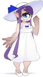 cyclops cyclops_girl juno_the_cyclops_(krokobyaka) krokobyaka one_eye original original_character purple_hair slippers sundress sunhat tagme third-party_edit