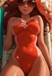 ai_generated freckles gravity_falls large_breasts lifeguard lovegwendolyn one-piece_swimsuit pool poolside red_hair sadtomato seductive_look solo sunglasses wendy_corduroy