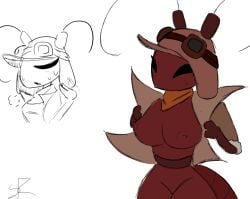 ant_girl aviator_ant_(stupidroach) aviator_goggles bug_girl cooling_off doodle oc original_character pilot_hat revealing_breasts sketch stupidroach thighs