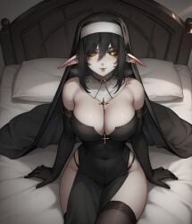 ai_generated big_breasts black_clothing black_elbow_gloves black_hair black_stockings cleavage cross elbow_gloves eogard_orc goth goth_girl green_eyes heavy_breathing layna_lazar looking_at_viewer nun nun_outfit nun_veil on_bed pale-skinned_female pale_skin seductive self_upload sitting sitting_on_bed small_mouth smile stable_diffusion thick_thighs twitch viewed_from_above