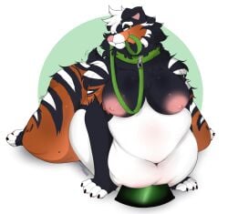 1girls 2d 2d_(artwork) anthro areolae big_belly big_breasts black_claws black_fur breasts brown_fur cleavage collar collar_only face_markings fang fat_rolls fat_thighs female floppy_ears fluffy fluffy_chest food_bowl furry green_eyes half-closed_eyes head_tilt high_resolution highres huge_breasts kibblesyourbits leash leash_and_collar leash_in_mouth morbidly_obese morbidly_obese_female neck_tuft nipples obese obese_anthro obese_female on_all_fours pink_areola pink_nipples pink_nose pink_pawpads smiling_at_viewer solo_female striped_body thick_thighs wagging_tail white_fur white_hair wide_hips