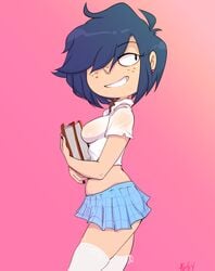 1girls black_eyes blue_hair blue_skirt books carrying_books ed_edd_n_eddy female female_only fluffy fluffy_(artist) freckles grin kanker_sisters marie_kanker miniskirt see-through_shirt sideboob skirt smile solo white_legwear white_shirt