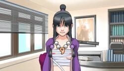 1girls accurate_art_style bangs black_hair bondage_outfit bookshelf clothed clothed_female exposed_breasts exposed_nipples female girl gyakuten_saiban kimono maya_fey necklace nipple_slip nipples office picture_frame pinkmochidango screenshot smile smiling tagme window