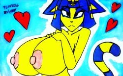 animal_crossing ankha ankha_(animal_crossing) big_breasts blue_hair breasts felid feline female hair hi_res huge_breasts looking_at_viewer mammal nintendo nipples nude presenting presenting_breasts theloanwanderer216 tlw216 traditional_media_(artwork) yellow_body