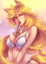 1girls bikini cup_on_boobs faymantra fox_ears fox_girl fox_tail huge_breasts long_hair orange_hair original original_character red_eyes voluptuous