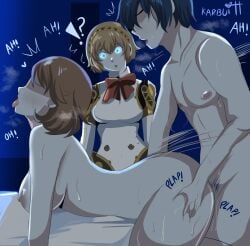 1boy 2girls aigis_(persona) areolae blonde_hair blue_eyes blue_hair breasts brown_eyes brown_hair doggy_style eyeless female hi_res karbuitt makoto_yuki male nipples open_mouth persona persona_3 pleasure_face sex side_view thick_thighs tongue_out voyeur yukari_takeba