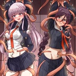 2girls arms_up bakasp-lilzy black_hair black_jacket black_ribbon black_skirt blush bound bound_arms braid collared_shirt cowboy_shot danganronpa:_trigger_happy_havoc danganronpa_(series) frown fukawa_toko glasses grey_hair groin hair_ribbon highres jacket kirigiri_kyoko long_hair long_sleeves miniskirt multiple_girls navel necktie open_clothes open_jacket orange_necktie pleated_skirt rape restrained ribbon round_eyewear shirt side_braid skirt tentacle tentacle_sex tickling twin_braids twintails white_shirt