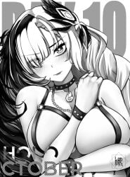 1girls black_and_white convenient_censoring covered_nipples covering covering_breasts female goth grayscale holoctober hololive hololive_indonesia landacdeus large large_breasts looking_at_viewer mostly_nude naked nude pavolia_reine solo two_tone_hair virtual_youtuber vtuber