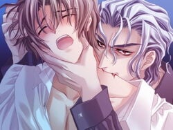 2boys biting blood blush brown_hair carnelian game_cg highres human interspecies katsuragi_takuto kou_(messiah) male male_only messiah_(game) moaning multiple_boys multiple_males open_mouth short_hair shoulder_bite silver_hair upper_body vampire yaoi