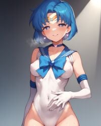 ai_generated ami_mizuno bishoujo_senshi_sailor_moon blue_eyes blue_hair blush bow breasts choker circlet collarbone covered_navel covered_nipples earrings elbow_gloves hand_on_stomach heart_choker heavy_breathing leotard looking_at_viewer medium_breasts notreallyhere parted_bangs perky_breasts sailor_mercury sailor_senshi_uniform short_hair simple_background smile spotlight